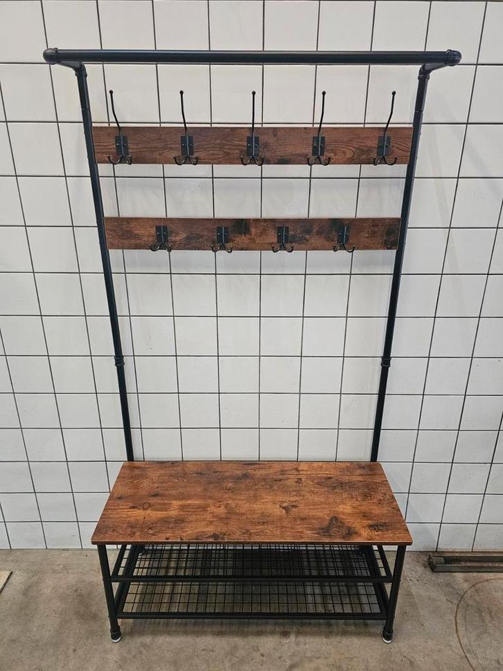 Nieuw Industriële Staande Kapstok met Bankje zwart/bruin, Huis en Inrichting, Woonaccessoires | Kapstokken, Nieuw, Staande kapstok