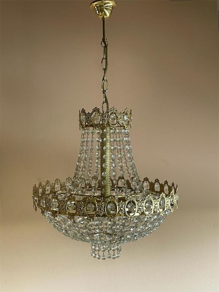 Vintage kristallen kroonluchter messing, Huis en Inrichting, Lampen | Kroonluchters, Zo goed als nieuw, Glas, Metaal, Ophalen
