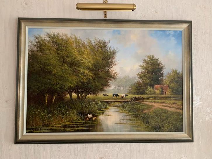 Schilderij landschap met koeien en eendjes olieverf op doek, Antiek en Kunst, Kunst | Schilderijen | Klassiek, Ophalen of Verzenden