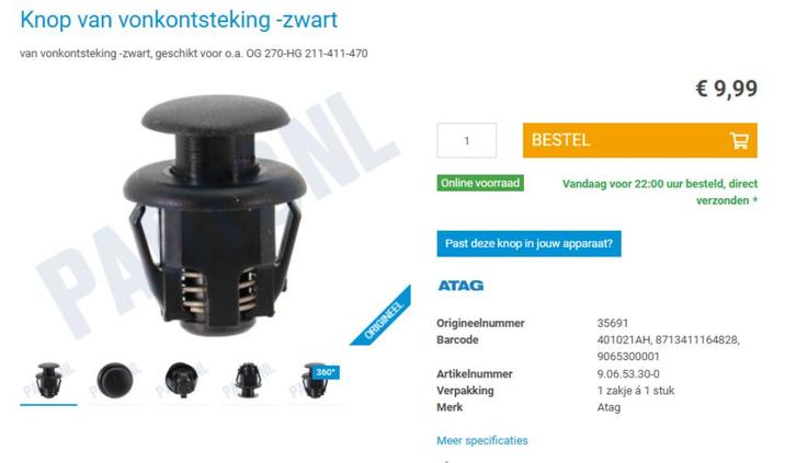 atag drukknop  35691 ontsteking gasstel, Witgoed en Apparatuur, Kookplaten, Nieuw, Inbouw, Gas, 4 kookzones, Ophalen of Verzenden