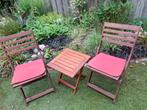 Tuinset bistro bistrosetje tafeltje + 2 stoeltjes+ kussens., Tuin en Terras, Tuintafels, Ophalen, Gebruikt, Vierkant, Teakhout