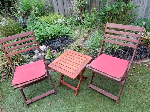 Tuinset bistro bistrosetje tafeltje + 2 stoeltjes+ kussens., Tuin en Terras, Tuintafels, Gebruikt, Vierkant, Teakhout, Ophalen