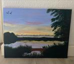 Schilderij van een landschap bij zonsondergang, Antiek en Kunst, Kunst | Schilderijen | Klassiek, Ophalen of Verzenden
