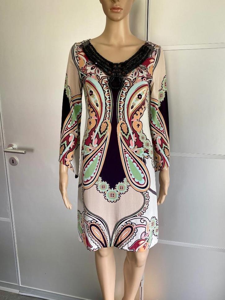 J353 Ana Alcazar maat 36=S jurk jurkje beige/zwart/groen, Kleding | Dames, Jurken, Zo goed als nieuw, Maat 36 (S), Beige, Knielengte