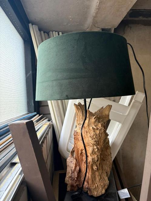 Teakhouten Tafellamp met Groene Velvet Kap, Huis en Inrichting, Lampen | Tafellampen, Zo goed als nieuw, Minder dan 50 cm, Hout