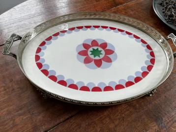 Groot art deco dienblad rood/blauwgrijs decor met handvatten beschikbaar voor biedingen