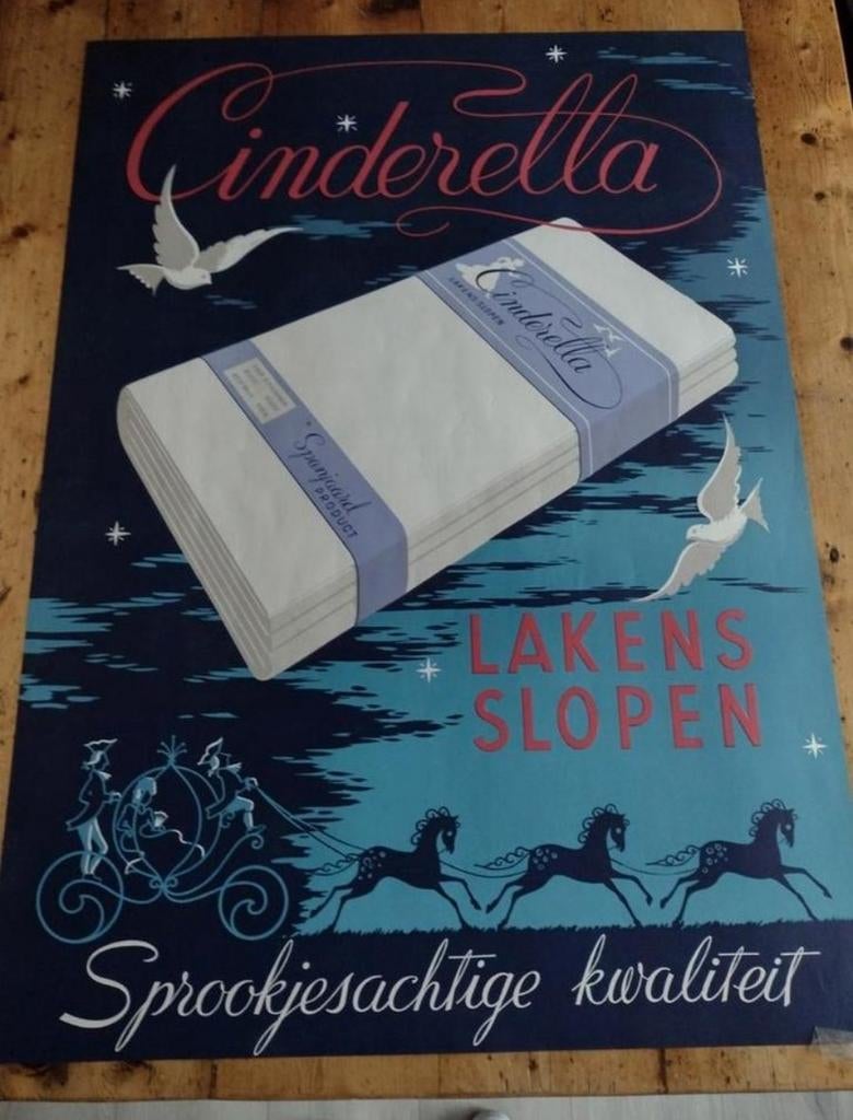 Vintage Cinderella Laken en Slopen Reclame Poster, Rechthoekig Staand, Ophalen of Verzenden, Zo goed als nieuw, A1 t/m A3
