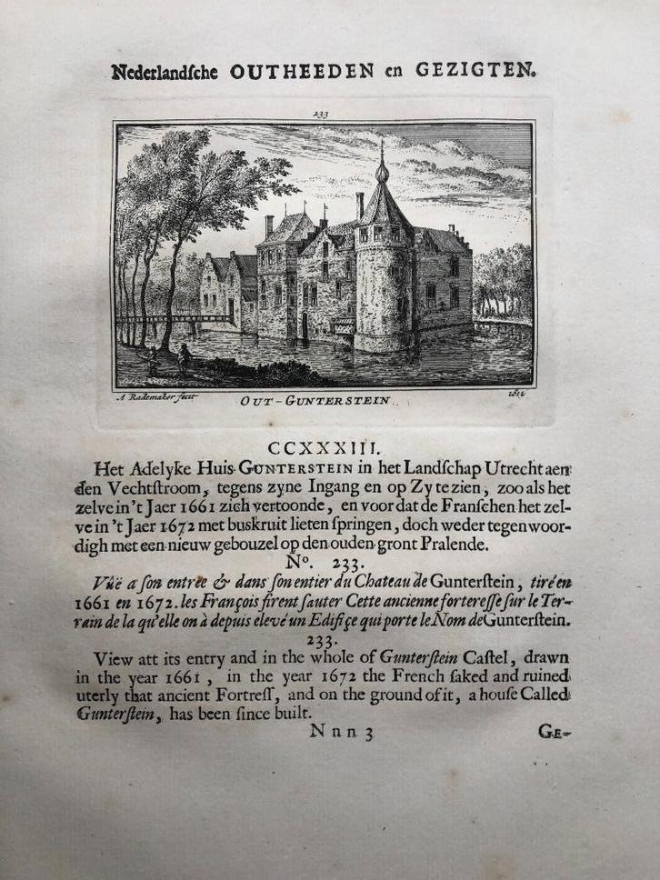 233 / Breukelen Oud Gunterstein Kopergravure 1732, Antiek en Kunst, Kunst | Etsen en Gravures, Ophalen of Verzenden