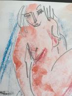 Krijt tekening zittend naakt, Antiek en Kunst, Kunst | Tekeningen en Foto's, Verzenden