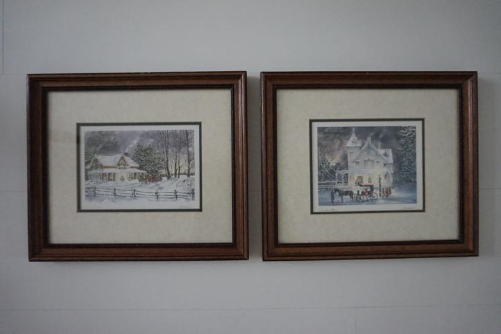 Walter Campbell 2 schilderijen winter sfeer sneeuw hout, Antiek en Kunst, Kunst | Schilderijen | Klassiek, Ophalen of Verzenden