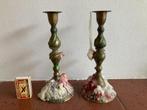 Twee koperen / bronzen antieke kaarsenhouders duo setje, Huis en Inrichting, Woonaccessoires | Kandelaars en Kaarsen, Ophalen of Verzenden
