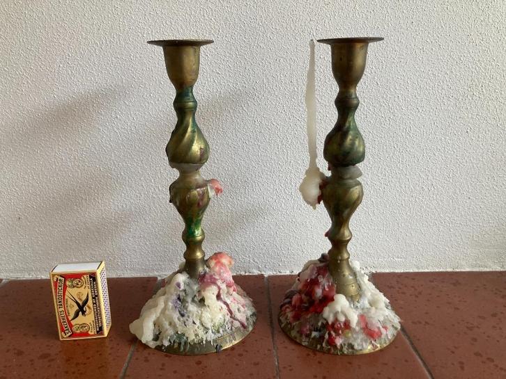 Twee koperen / bronzen antieke kaarsenhouders duo setje, Huis en Inrichting, Woonaccessoires | Kandelaars en Kaarsen, Gebruikt