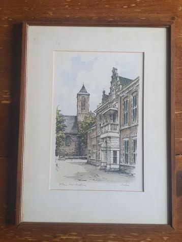 litho Gerard van Berkel Oud Velsen Kerk en Oude Raadhuis. beschikbaar voor biedingen