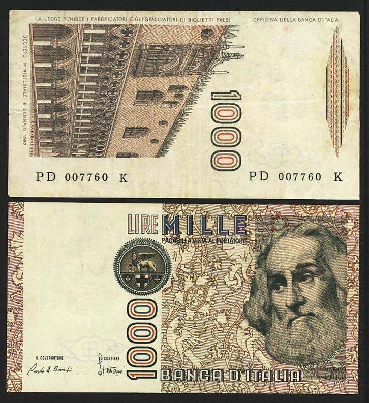 Italie 1982 / 1990, 2 bankbiljetten van 1000 Lire., Postzegels en Munten, Bankbiljetten | Europa | Niet-Eurobiljetten, Setje, Italië