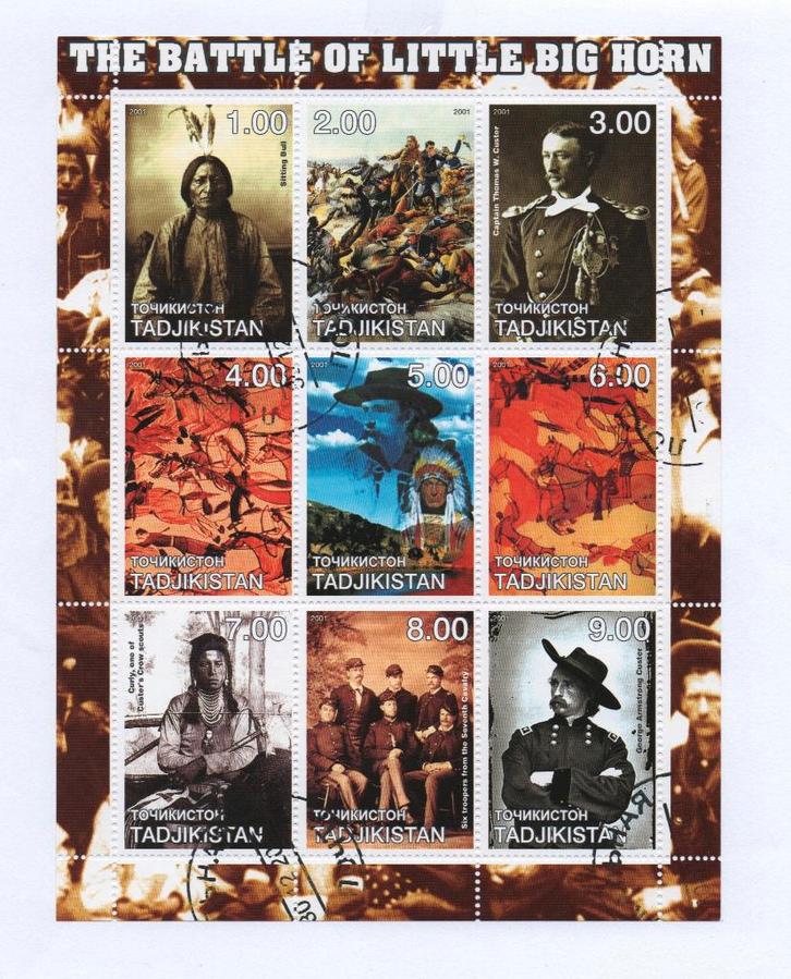 The Battle of Little Big Horn - Tadjikistan 2001 -Gestempeld, Postzegels en Munten, Postzegels | Thematische zegels, Gestempeld