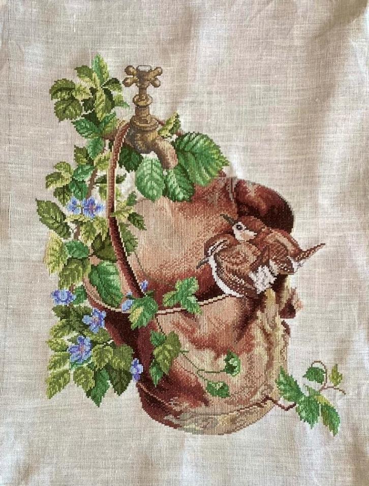 Borduurwerk, zijde, Rosenstand, vogel, kraan, vintage, Hobby en Vrije tijd, Borduren en Borduurmachines, Ophalen