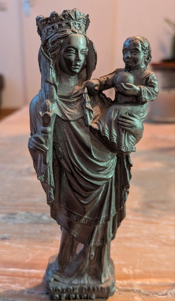 Notre Dame de Paris beeld met kindje Jezus - Verzilverd tin, Antiek en Kunst, Antiek | Koper en Brons, Ophalen of Verzenden