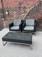 Tuinset • tafel + 2 stoelen / fauteuils + 4 kussens, Gebruikt, Rvs, Tuinset, Eettafel