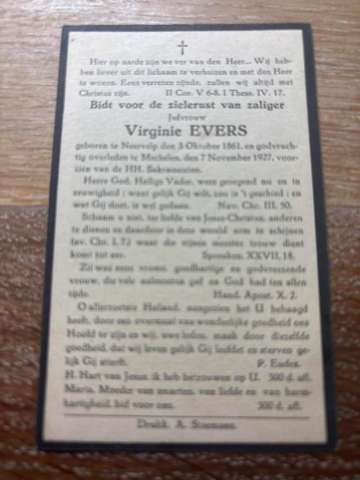 Evers Virninie 1861 Neervelp 1927 Mechelen - 25067, Verzamelen, Bidprentjes en Rouwkaarten, Bidprentje, Ophalen of Verzenden