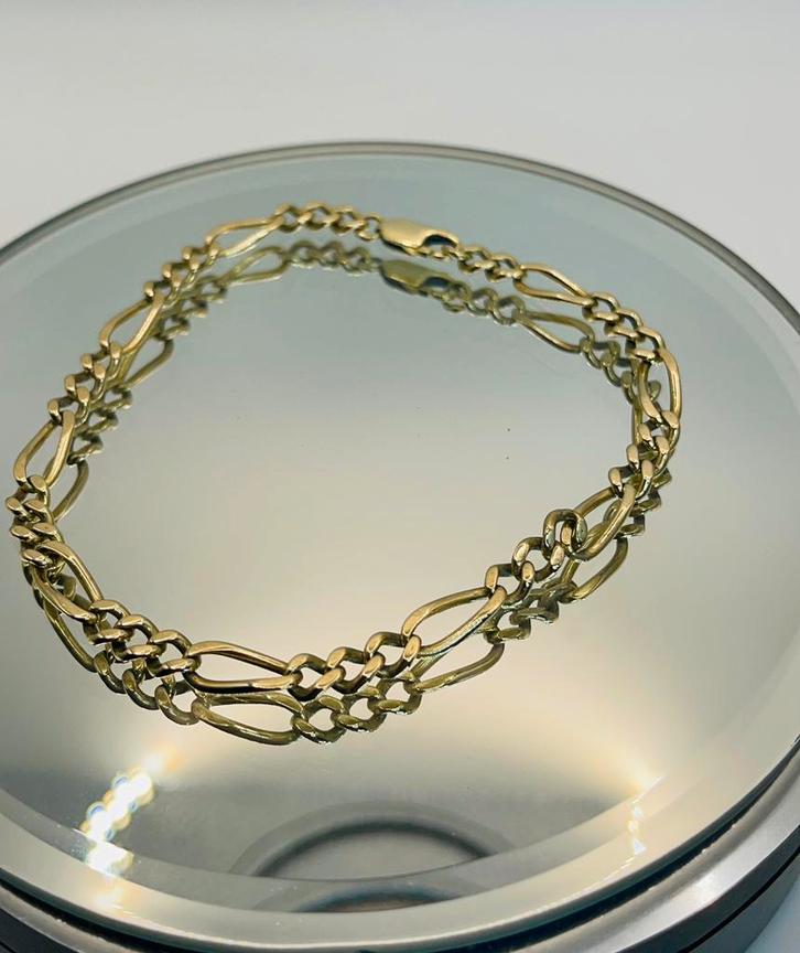 14k Gouden Heren Armband - Figaro Schakel 24,5cm, Sieraden, Tassen en Uiterlijk, Armbanden, Nieuw, Goud, Ophalen of Verzenden