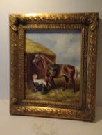 Schilderij Paard met hondjes Roe Bros 25 x 30 cm, Antiek en Kunst, Ophalen