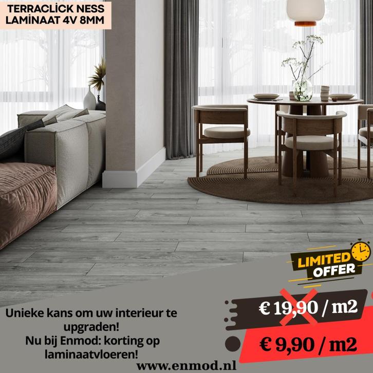 OP=OP Enmod Terra Click Ness Laminaat-Luxe- Actieprijs!, Huis en Inrichting, Stoffering | Vloerbedekking, Nieuw, Laminaat, Grijs