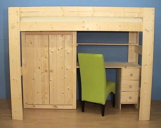 Houten HOOGSLAPER met kast en buro, Huis en Inrichting, Slaapkamer | Stapelbedden en Hoogslapers, Nieuw, Stapelbed, 90 cm, Tweepersoons