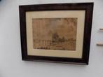 tekening riviergezicht met dijkhuis aanlegsteiger zeilboot, Ophalen of Verzenden, Gebruikt