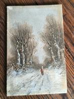 Antiek winterlandschap olieverf op paneel, Ophalen of Verzenden