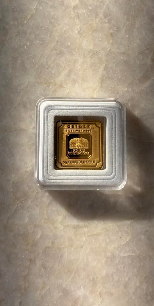 Geiger goudbaar 5 gram met certificaat., Postzegels en Munten, Edelmetalen en Baren, Ophalen of Verzenden, Goud