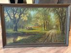 Grote schilderij bosrijk landschap en paard met een car, Antiek en Kunst, Ophalen