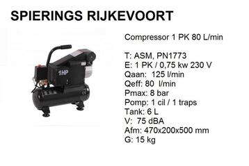 Compressor 1 PK 80 L/min Spierings Rijkevoort beschikbaar voor biedingen