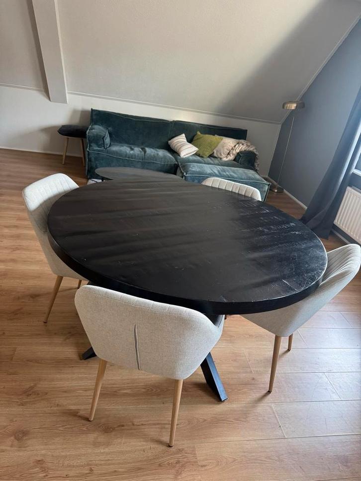 Eettafel met stoelen, Huis en Inrichting, Tafels | Eettafels, Gebruikt, 100 tot 150 cm, Vier personen, Rond, Overige houtsoorten