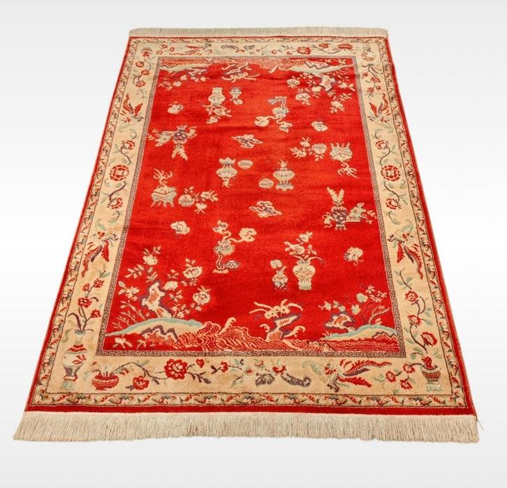 Vintage Aubusson vases vloerkleed Chan orange red 140x196cm, Huis en Inrichting, Stoffering | Tapijten en Kleden, Gebruikt, 100 tot 150 cm