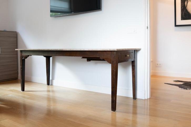 Eettafel met antiek onderstel en marmeren blad, Huis en Inrichting, Tafels | Eettafels, Zo goed als nieuw, 50 tot 100 cm, 200 cm of meer