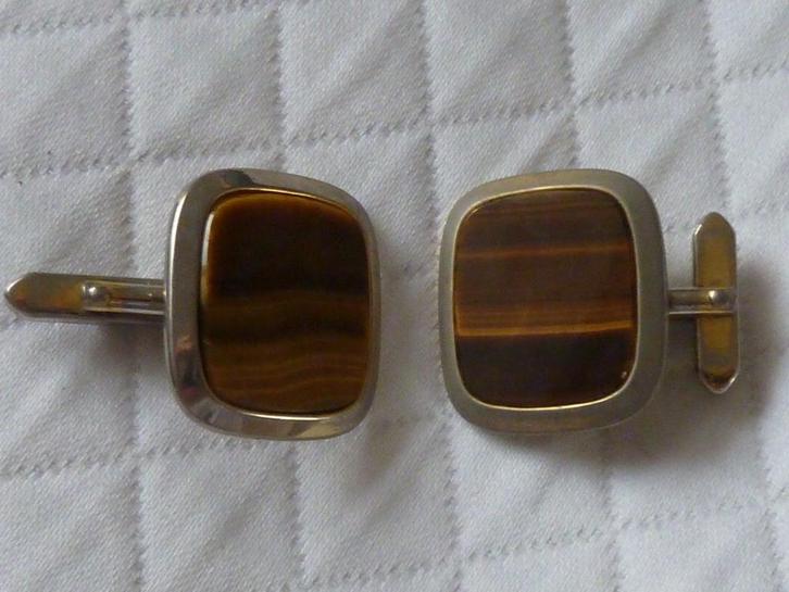 Ascot vintage manchetknopen met grote tijgeroog cabochon, Sieraden, Tassen en Uiterlijk, Manchetknopen, Zo goed als nieuw, Overige materialen