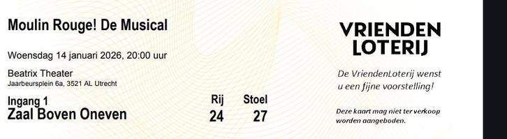 2 Moulin Rouge tickets – 14 januari 2026 – Rij 24, Tickets en Kaartjes, Theater | Musical, Twee personen, Januari