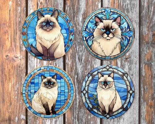 Heilige Birmaan Glas in Lood onderzetters met houder rond, Huis en Inrichting, Woonaccessoires | Onderzetters, Nieuw, Glas of Kopje