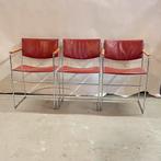 Vintage rood leren & chromen set stoelen Italy jaren 60, Huis en Inrichting, Stoelen, Drie, Metaal, Ophalen of Verzenden, Zo goed als nieuw