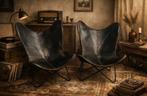 Vintage lederen stoel / stoelen - vlinderstoel, Huis en Inrichting, Stoelen, Ophalen, Gebruikt, Zwart, Leer