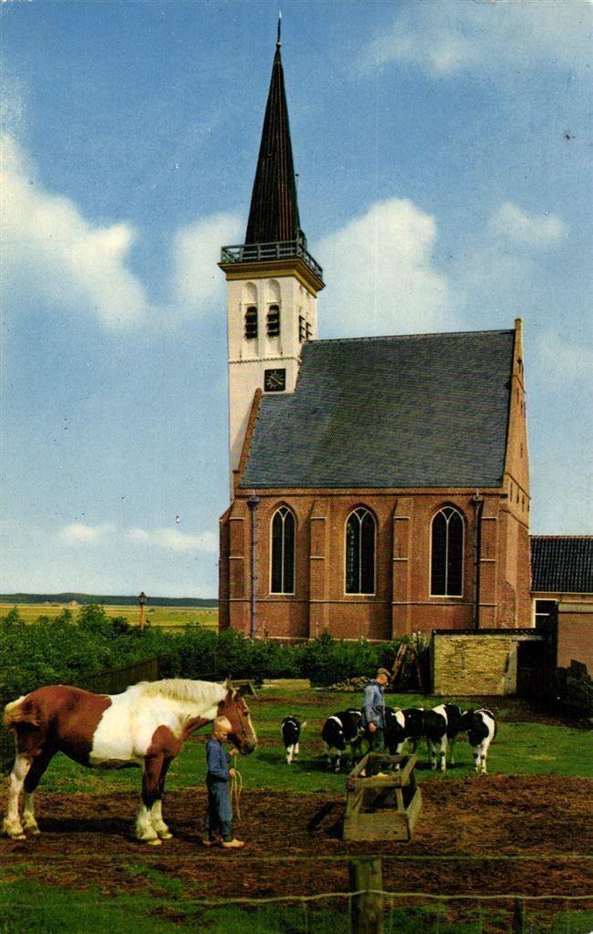 Kerkje te Den Hoorn - Groeten van Texel - paard koe - 1962 g, Verzamelen, Ophalen of Verzenden, Voor 1920, Gelopen, Waddeneilanden