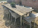Robuuste tuintafel met stalen onderstel - 3+ meter, Tuin en Terras, Ophalen of Verzenden, Gebruikt, Rechthoekig, Hout