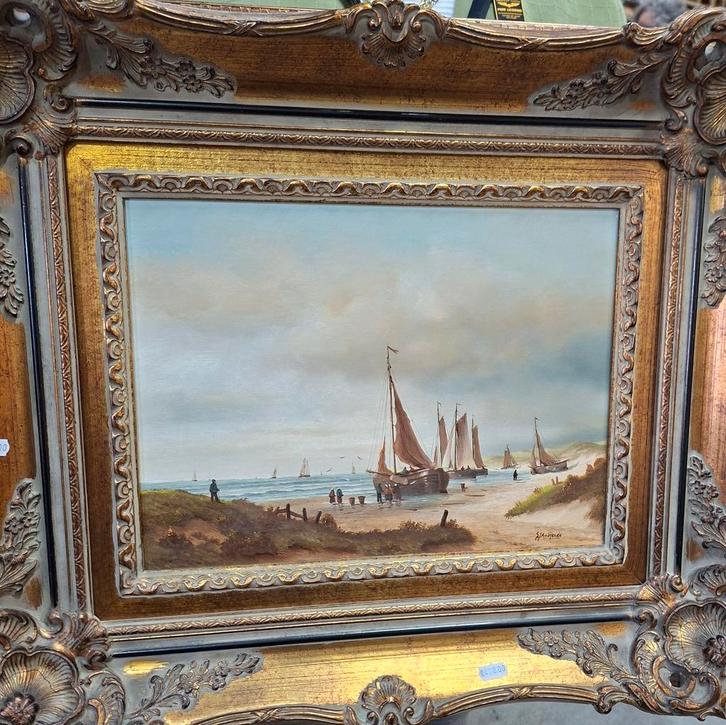 Schilderij van G.J.A. van Reede - Schepen op het strand, Antiek en Kunst, Kunst | Schilderijen | Klassiek, Ophalen of Verzenden