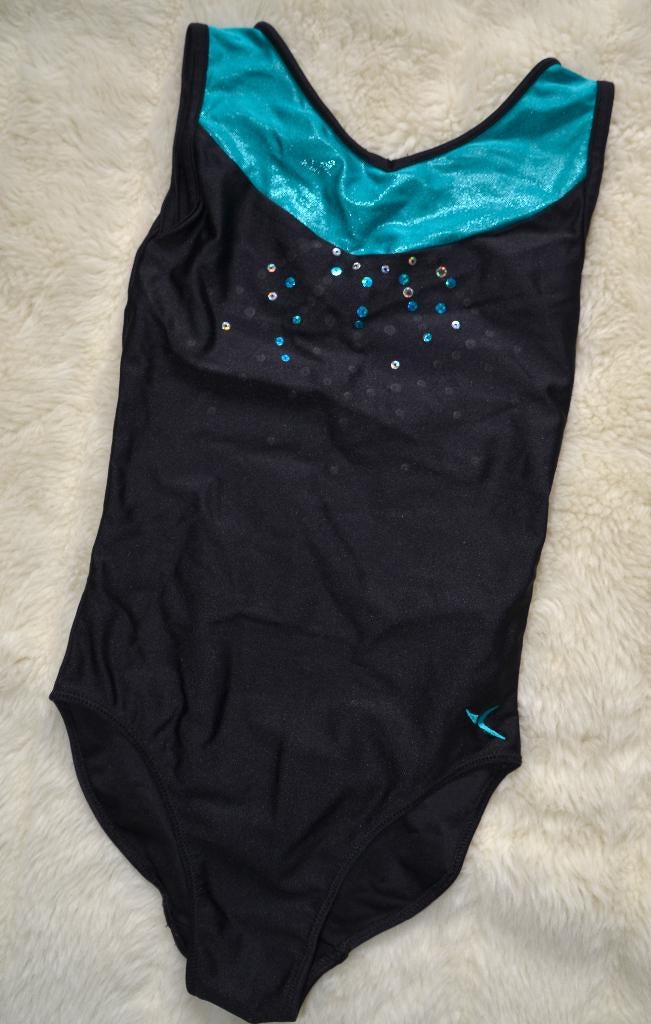 Zwart zeegroen turnpakje met pailletten maat 140, Zwart, Zo goed als nieuw, Turnpak(je), Kindermaat 122 t/m 140