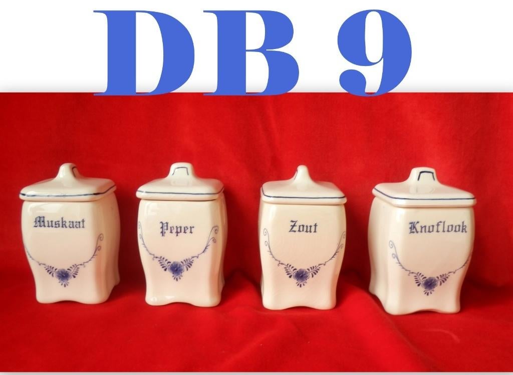 DB9 - Vier Delfts blauwe kruiden potjes met hanger motief, Ophalen of Verzenden, Zo goed als nieuw