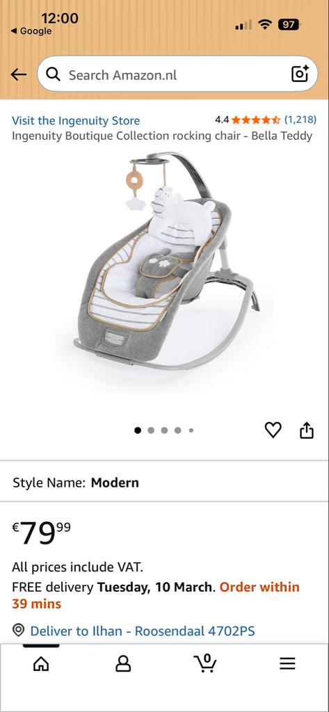 Ingenuity Boutique Teddy Schommelstoel zo goed als nieuw, Gebruikt, Schommelstoel, Met gordel(s) of riempje(s), Ophalen