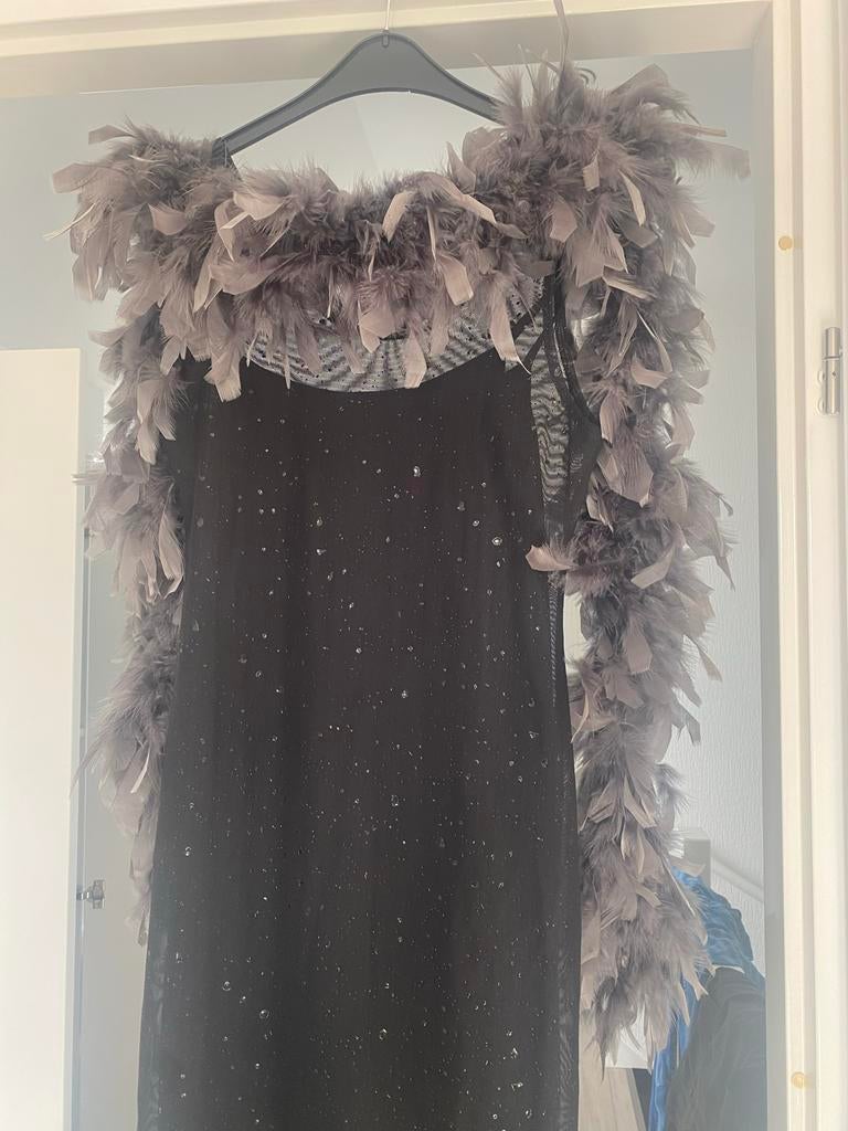 Gala jurk tweedelig met glitter, boa en handschoenen, Kleding | Dames, Gelegenheidskleding, Ophalen, Galajurk, Zwart, Maat 42/44 (L)