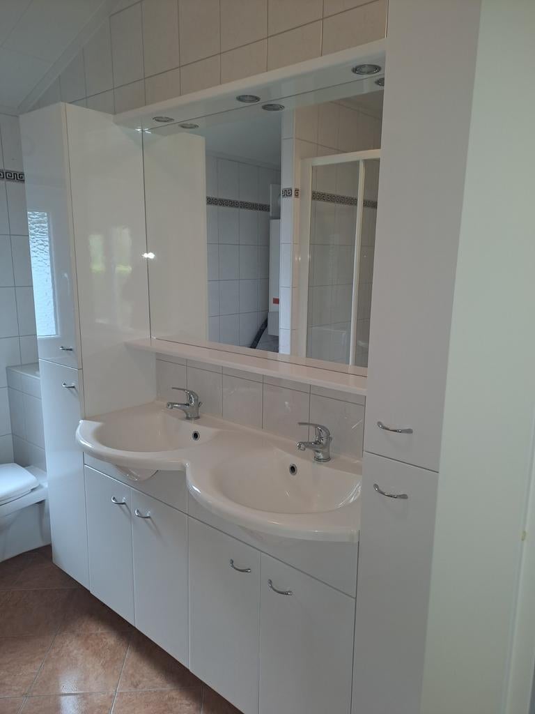 Badkamermeubel met dubbele wastafel en spiegelkast, Huis en Inrichting, Gebruikt, 150 tot 200 cm, Ophalen of Verzenden, 25 tot 50 cm