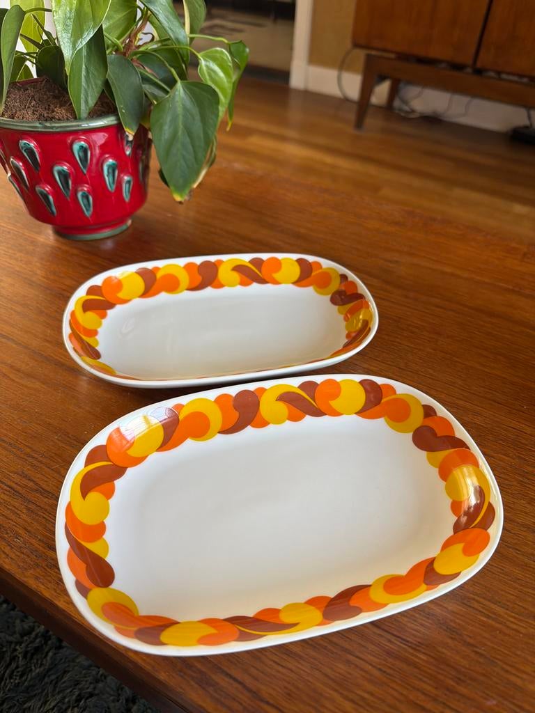 2 Vintage Schönwald Serveerschalen Oranje Bruin Geel, Antiek en Kunst, Ophalen of Verzenden