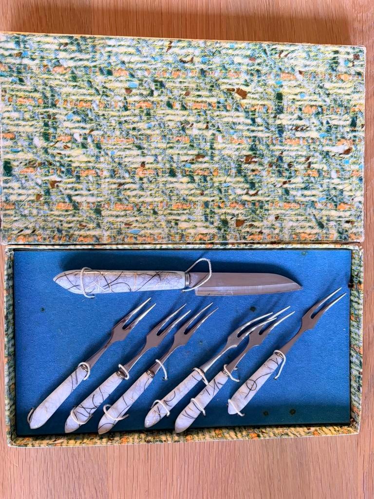 Vintage vorkjes set originele verpakking, Ophalen of Verzenden, Zo goed als nieuw, Rvs of Chroom